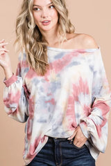 BiBi Tie Dye Print Terry Top With Puff Sleeves OutfitFlow