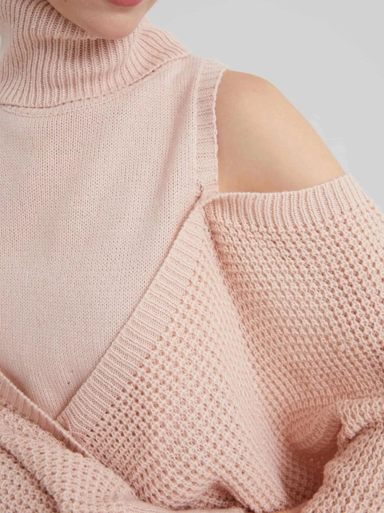 Waffle Knit Cold Shoulder Turtleneck Sweater OutfitFlow