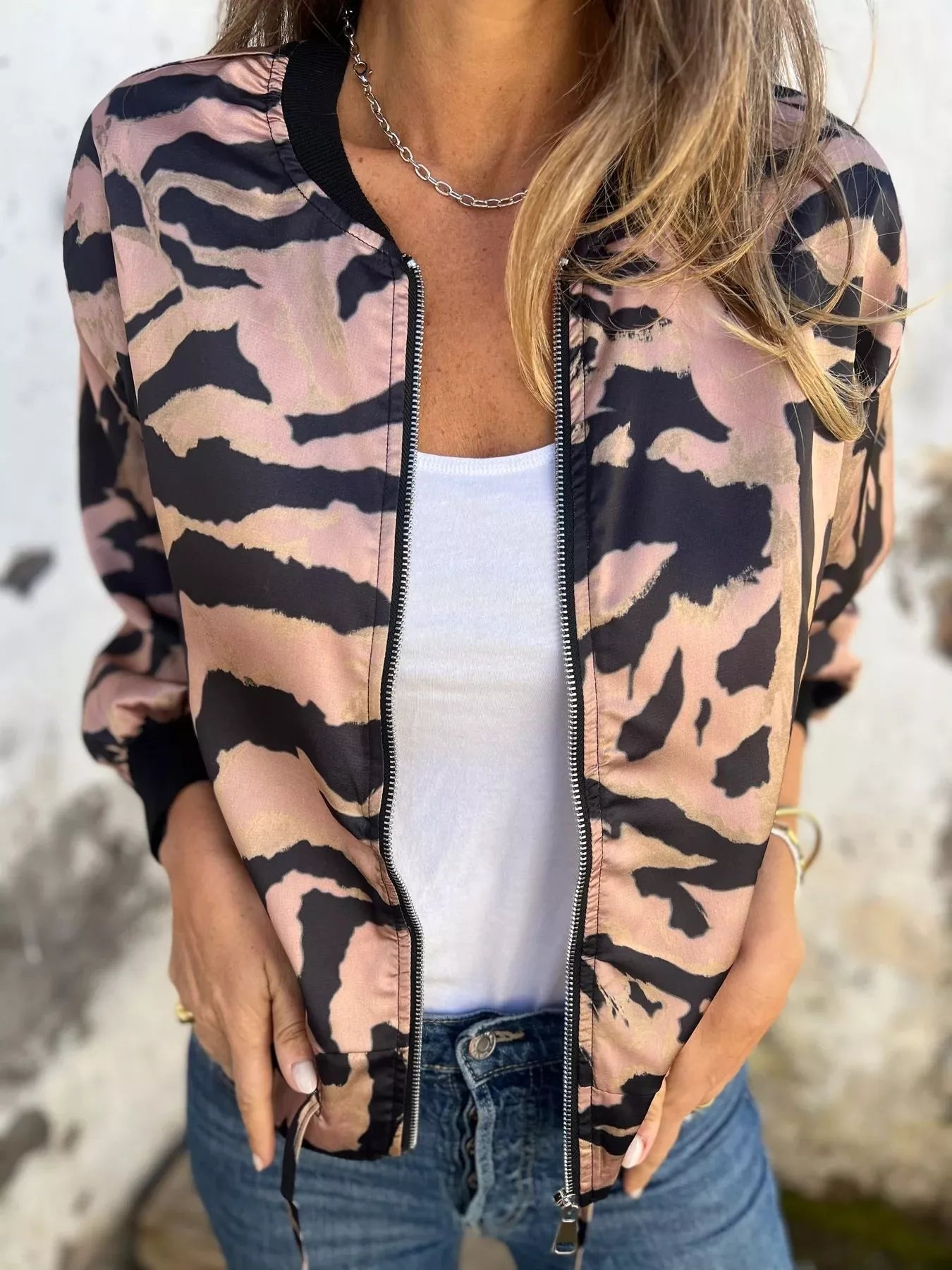 Full Size Zip Up Zebra Print Bomber Jacket Plus Size Pink Zebra Print OutfitFlow