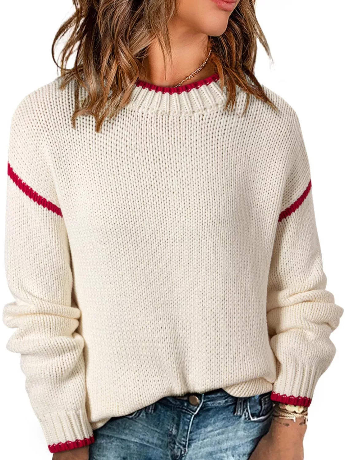 Contrast Trim Round Neck Sweater Beige OutfitFlow