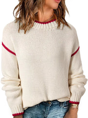 Contrast Trim Round Neck Sweater Beige OutfitFlow