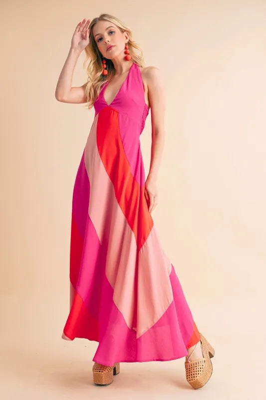Color Block Sleeveless Maxi Dress PINK COMBO OutfitFlow
