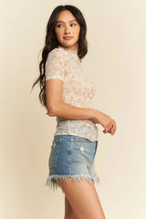 Davi & Dani Floral Mesh Mock Neck Short Sleeve Top OutfitFlow