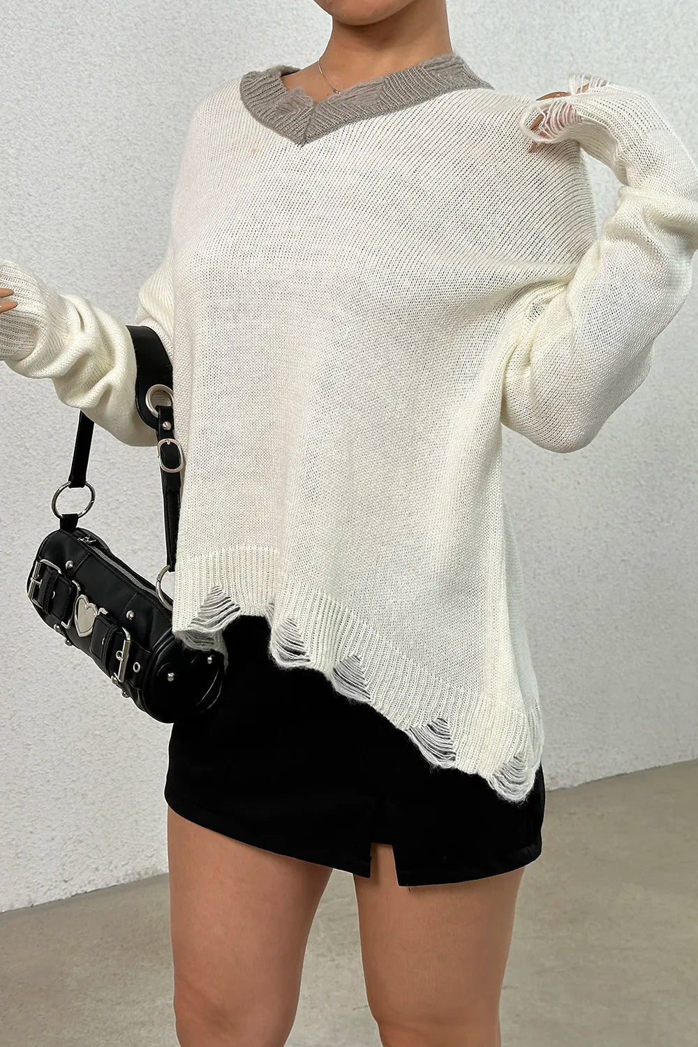Distressed V-Neck Dropped Shoulder Sweater OutfitFlow