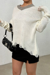 Distressed V-Neck Dropped Shoulder Sweater OutfitFlow
