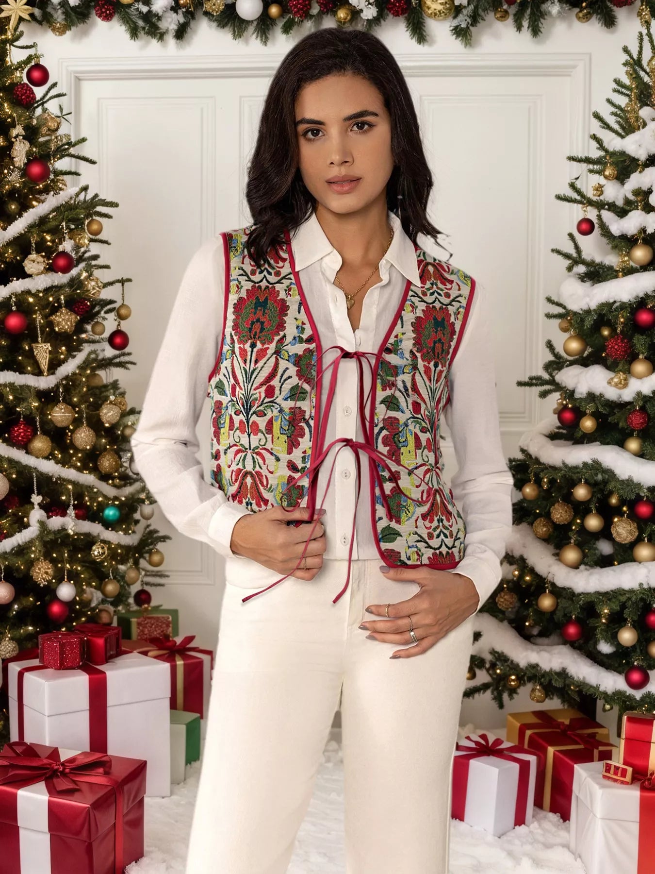 Floral Embroidered Tie-Front Vest Coat OutfitFlow