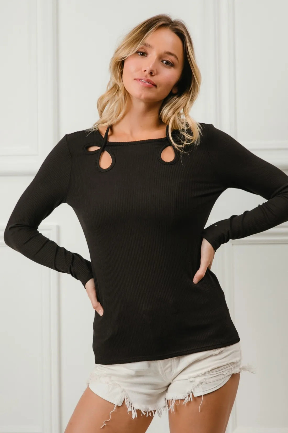 BiBi Rib Knit With Cut Out and Tied Neck Detailed Top BLACK OutfitFlow