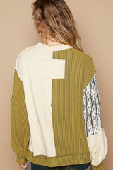 Outfit Flow - POL Exposed Seam Floral Patch Color Block Round Neck Sweatshirt