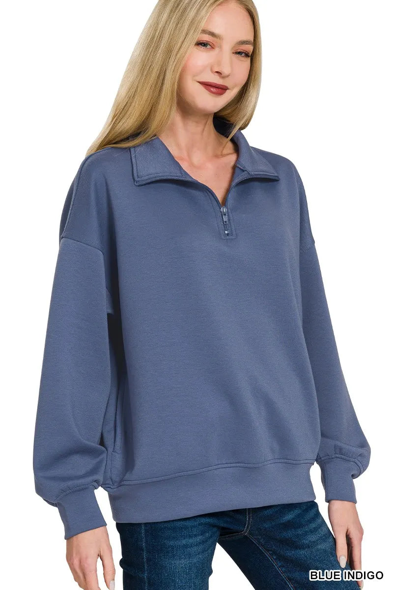 Zenana Scuba Quarter-Zip Sweatshirt BLUE INDIGO Trendsi