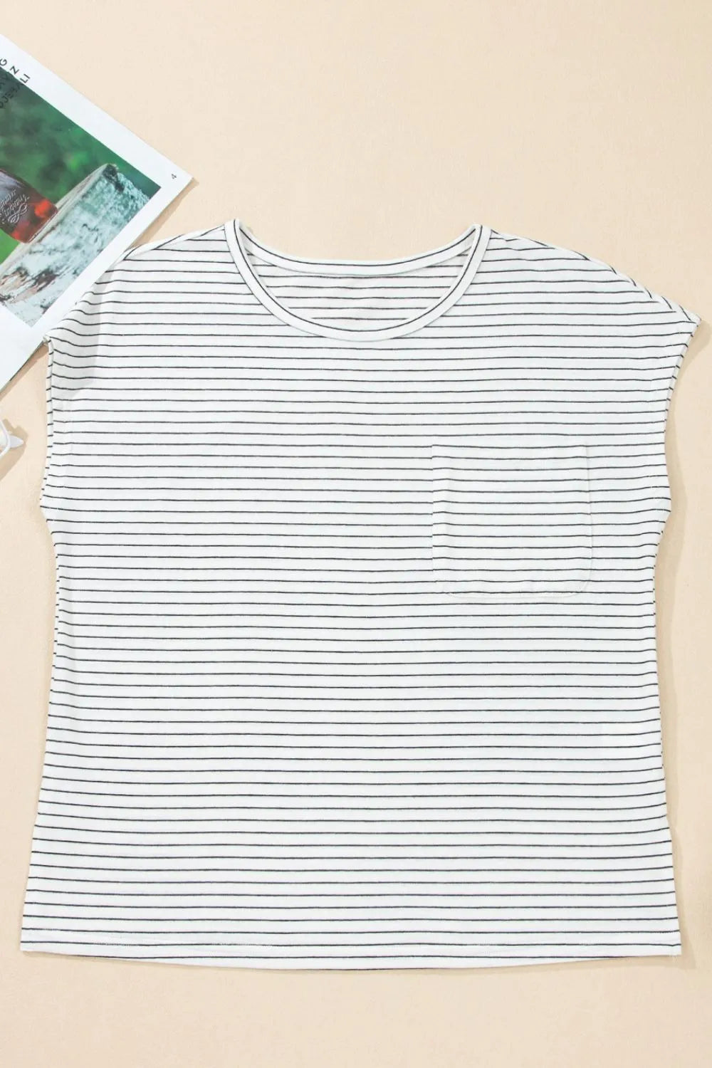 Stripe Cap Sleeve Crew Neck Casual Tee with Chest Pocket OutfitFlow