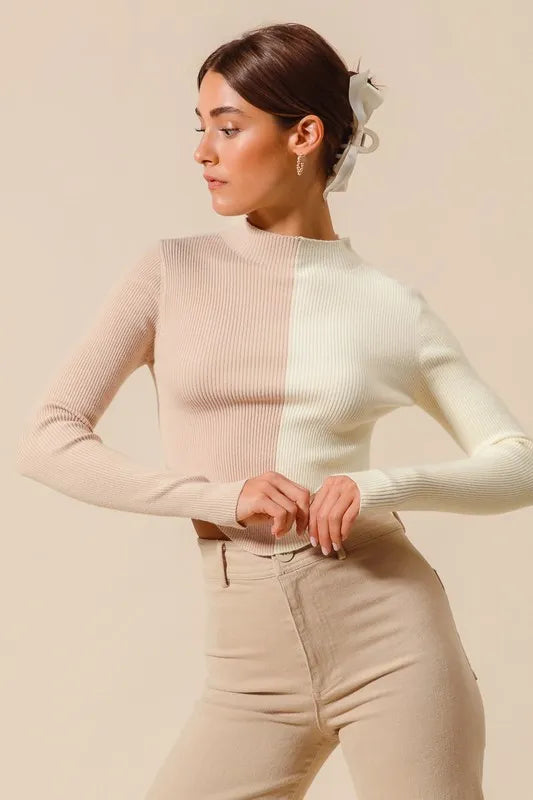 SO ME Color Block Fitted Crop Sweater Top OutfitFlow