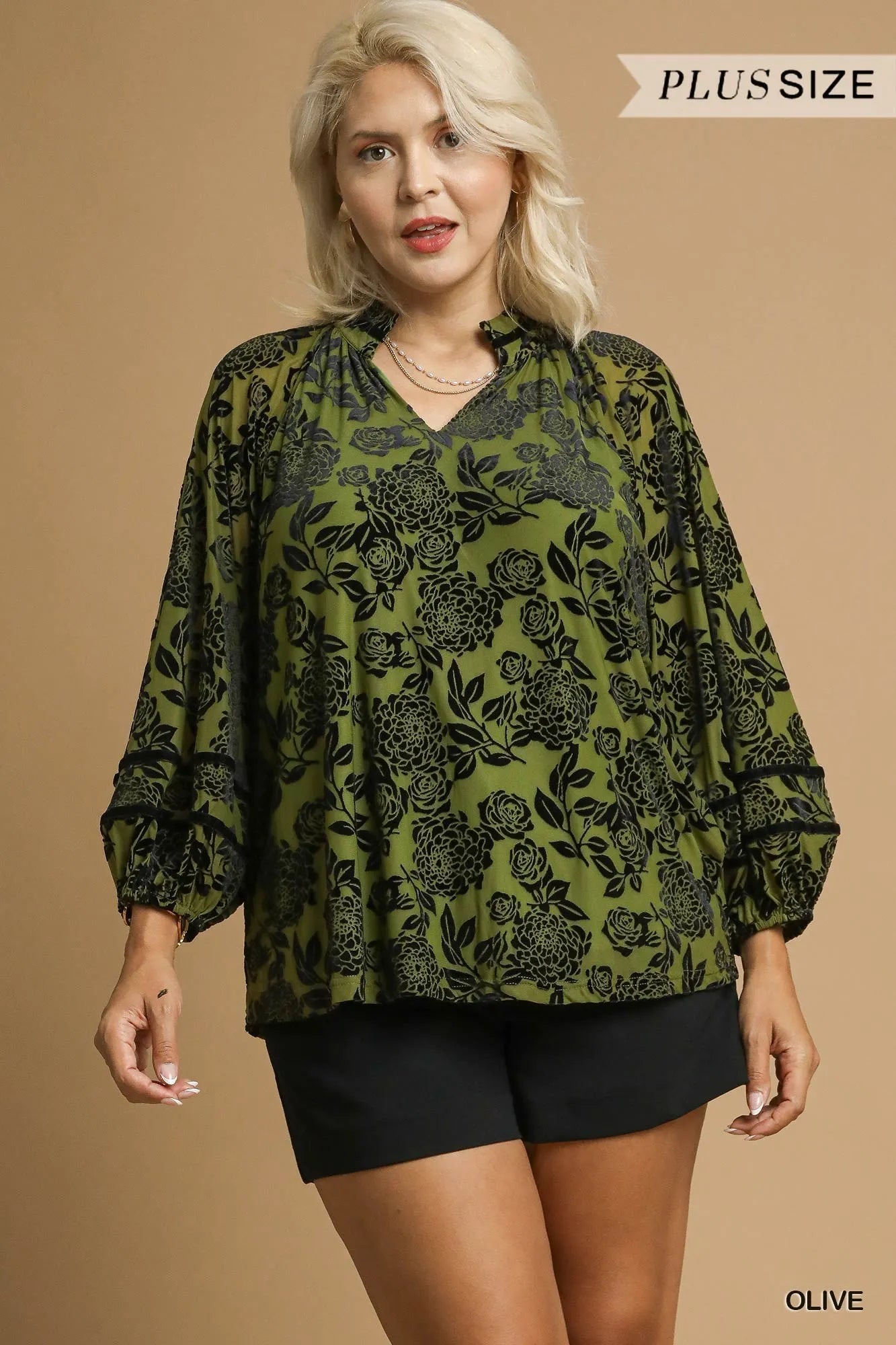 Umgee Full Size Floral Velvet Blouse with Balloon Sleeves Plus Size Trendsi