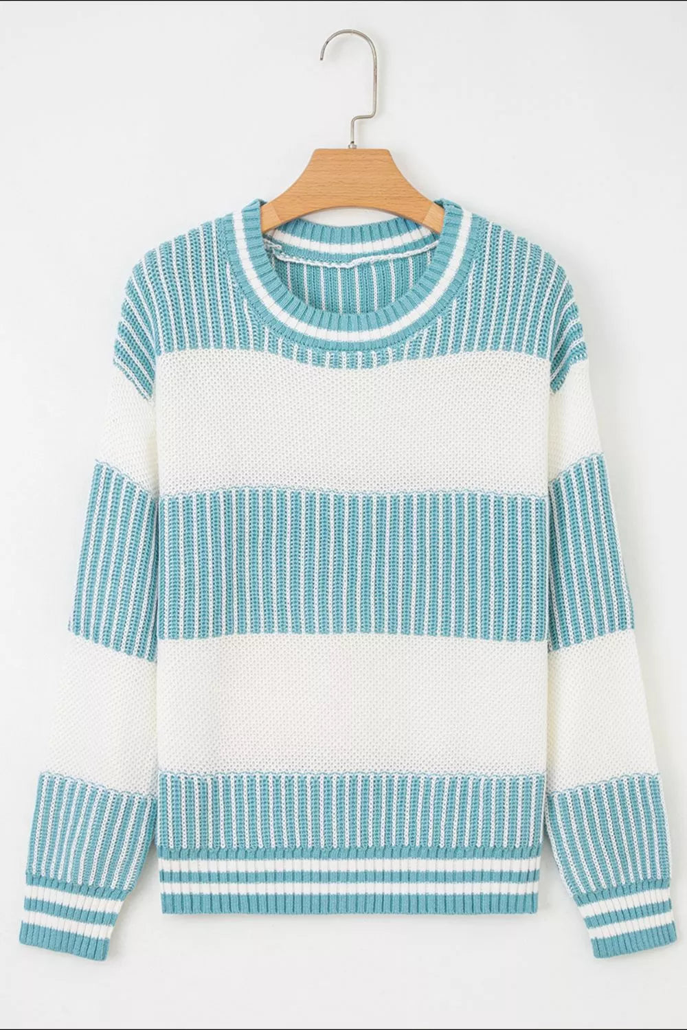 Two Tone Striped Patchwork Drop Shoulder Loose Sweater OutfitFlow