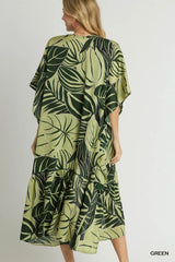 Umgee Satin Tropical Plant Print Open Front Kimono with Ruffle Details OutfitFlow