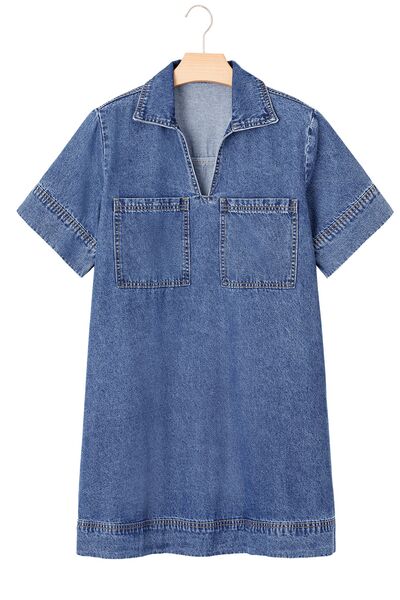 Short Sleeve Collared Patched Pocket Denim Mini Dress OutfitFlow