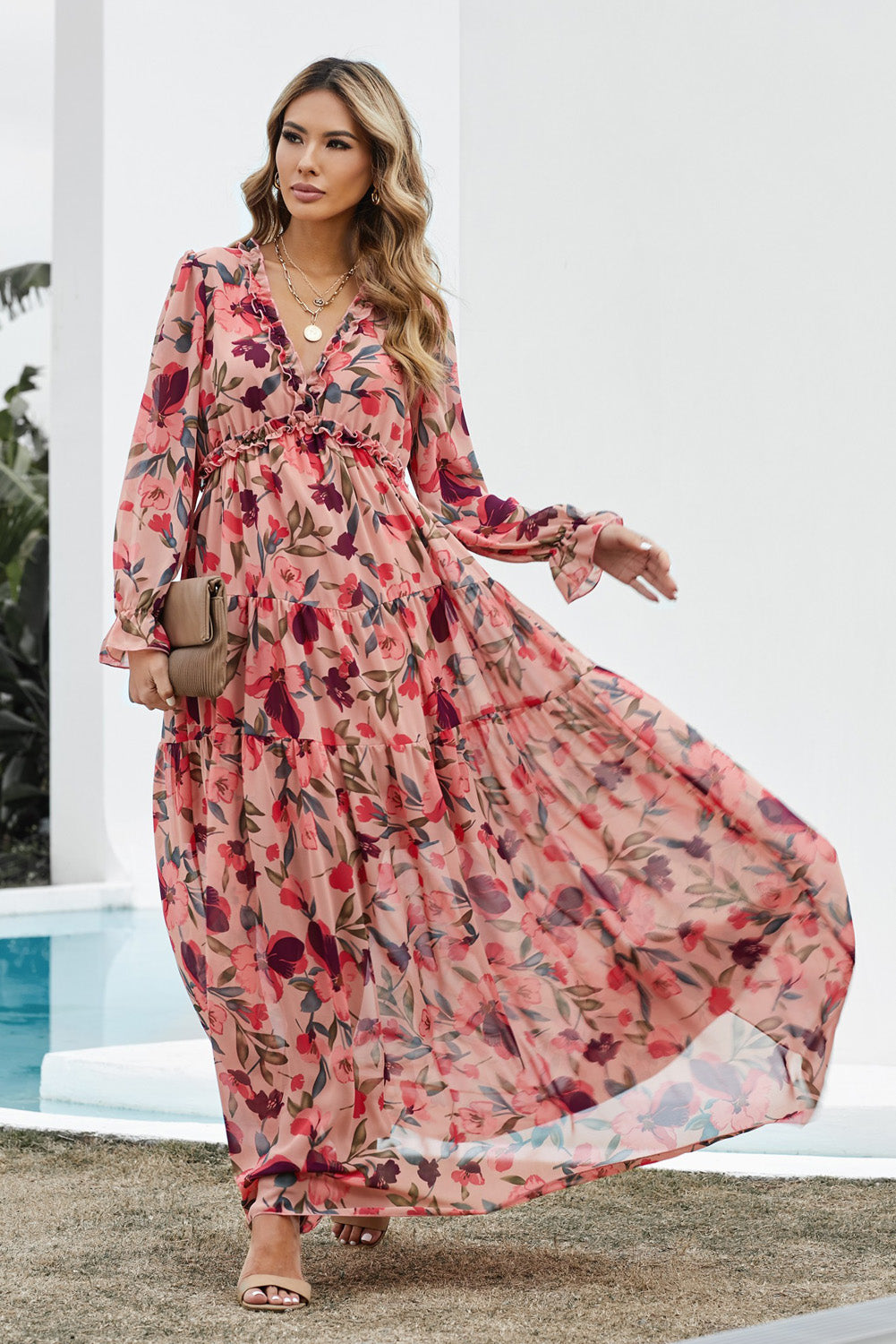 Floral Frill Trim Flounce Sleeve Plunge Maxi Dress OutfitFlow