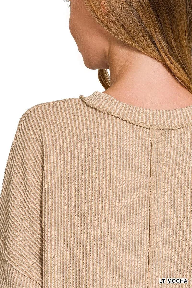 Zenana Long Sleeve Drop Shoulder Rib Top Trendsi