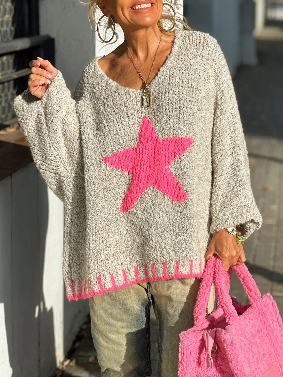 Outfit Flow - Star V-Neck Long Sleeve Oversize Sweater