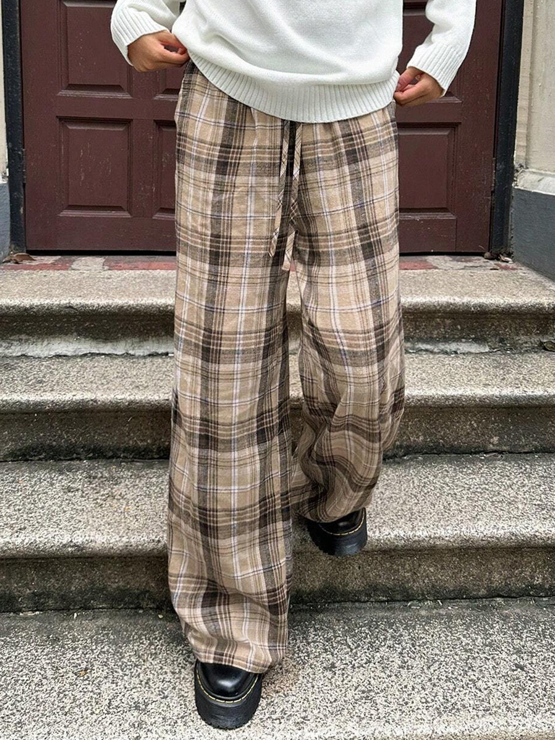 Outfit Flow - Drawstring Plaid Wide Leg Pants