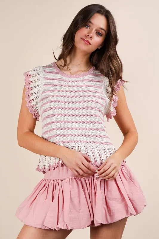 VERY J Ruffle Detail Striped Knit Sweater Top OutfitFlow