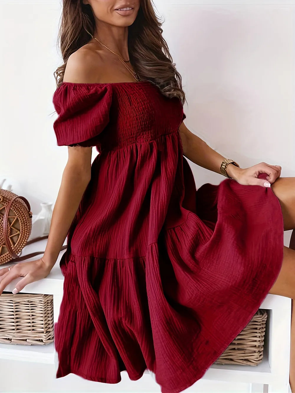 Full Size Ruffled Off-Shoulder Short Sleeve Dress OutfitFlow