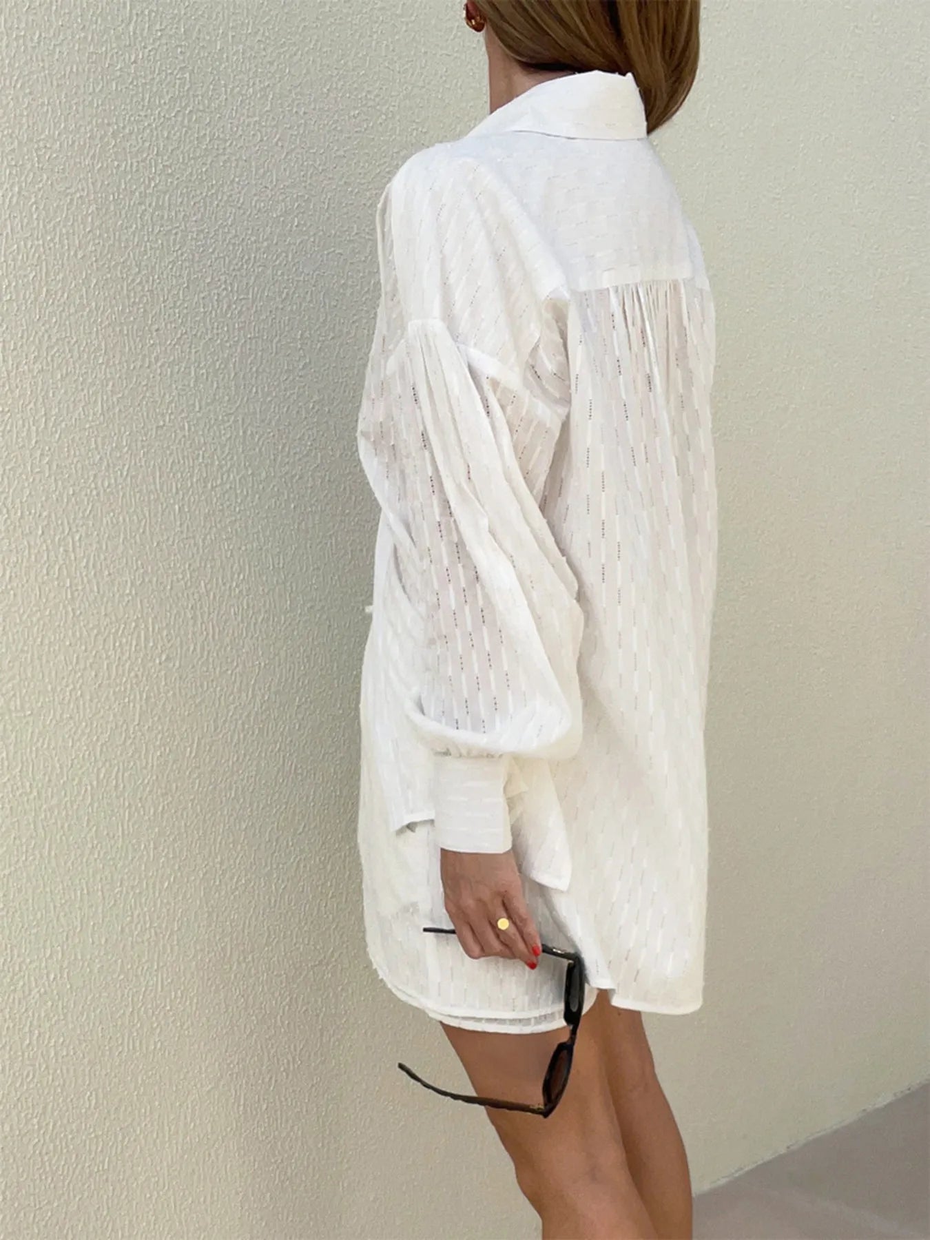Textured Button-Up Shirt and Shorts Set OutfitFlow