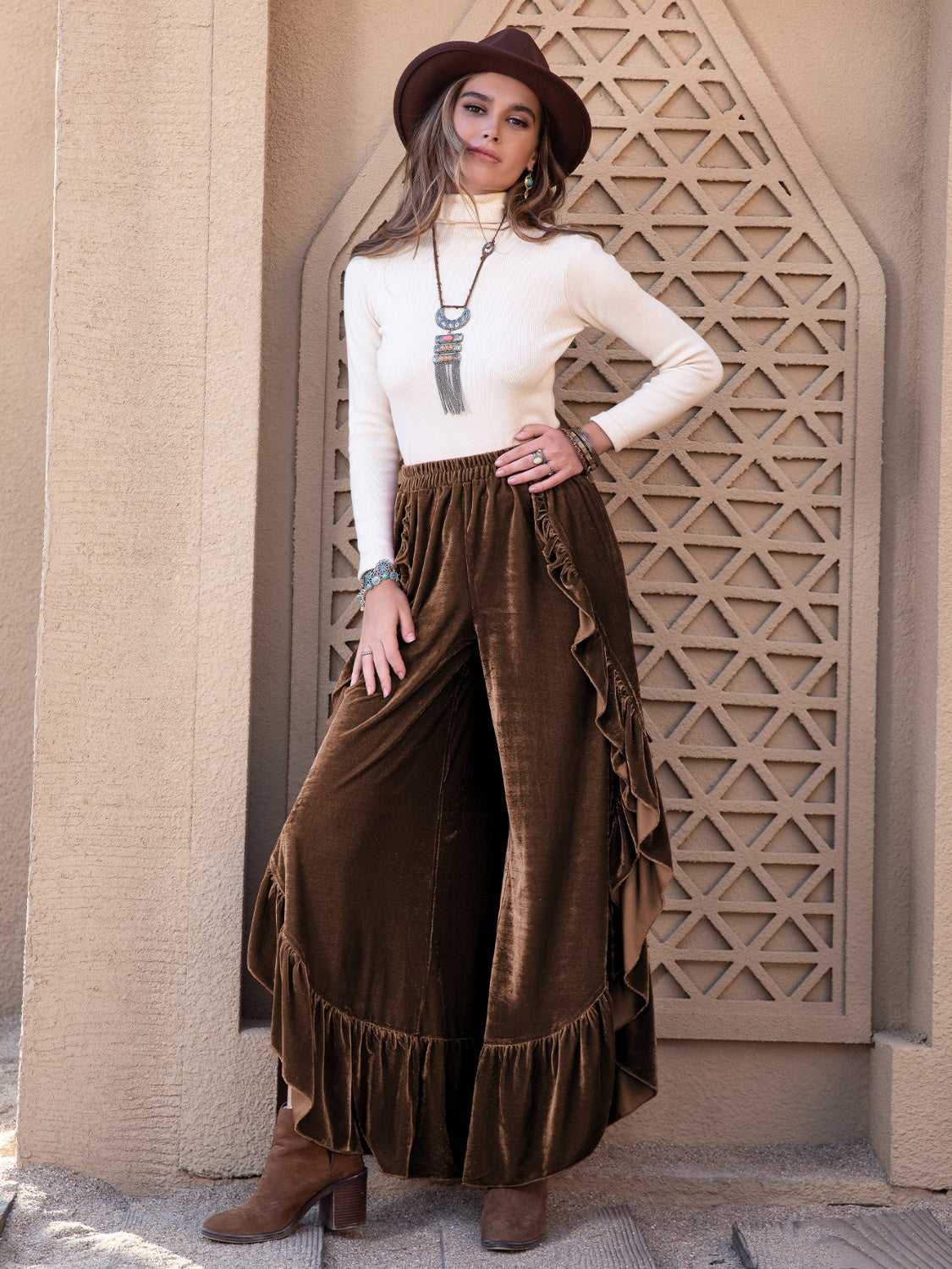 Outfit Flow - Ruffle Trim Wide Leg Slit Pants