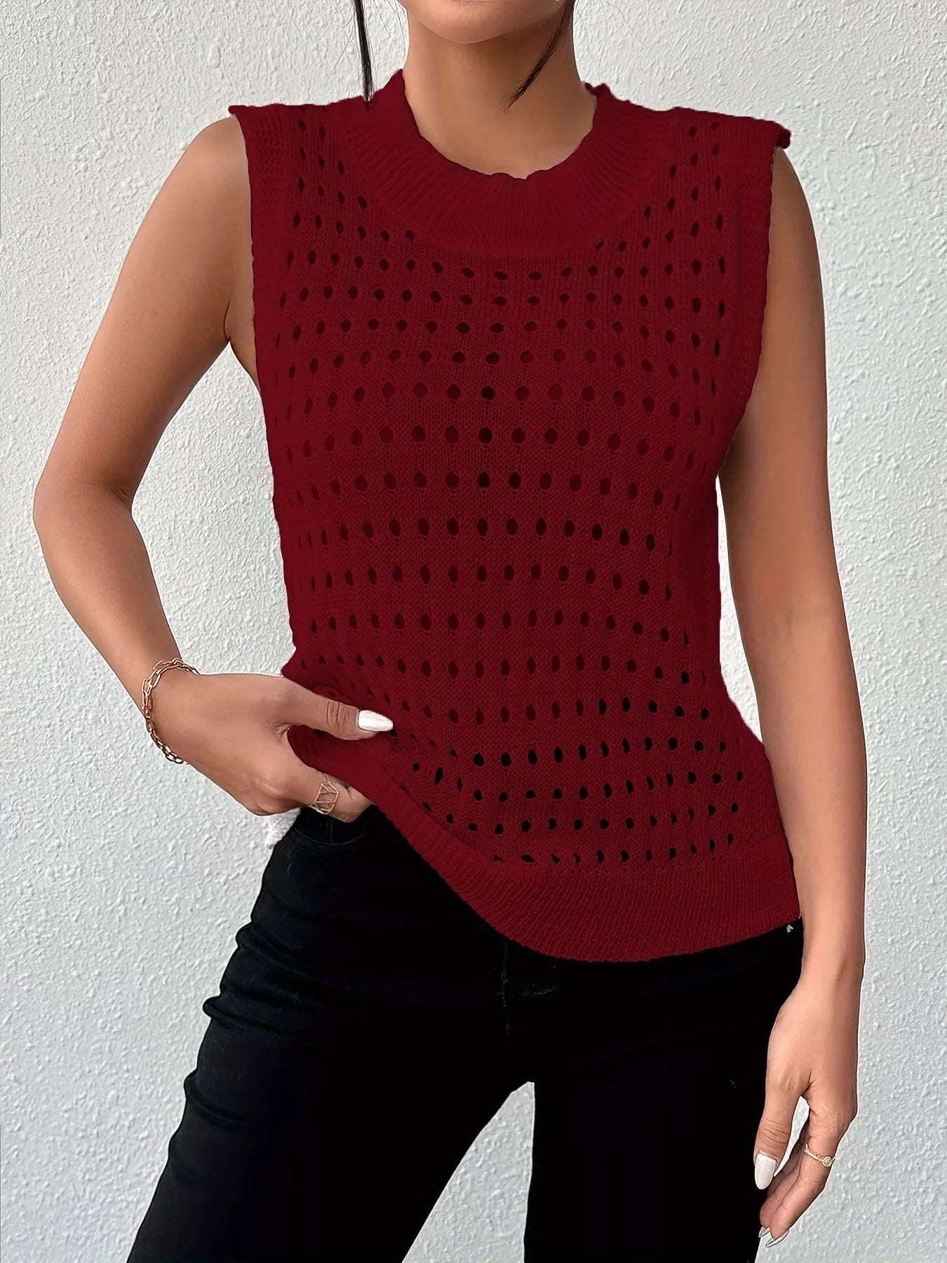 Hollow Out Round Neck Knit Tank OutfitFlow