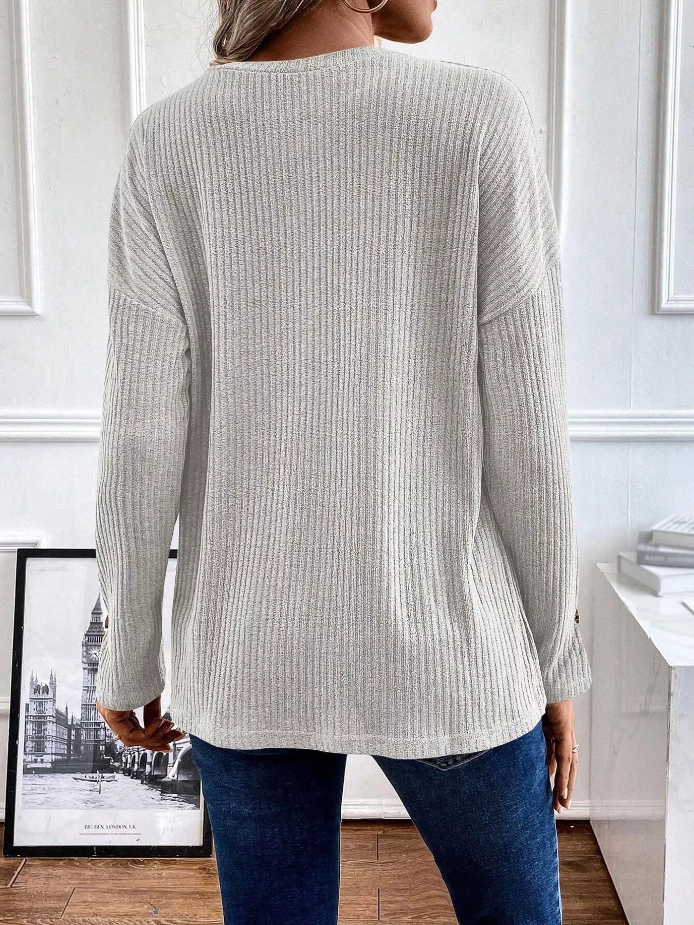 Ribbed Knit Button Detail Long Sleeve T-Shirt OutfitFlow