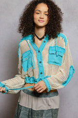 POL Texture Woven Button Down Hooded Shirt with Drawstring Hem OutfitFlow