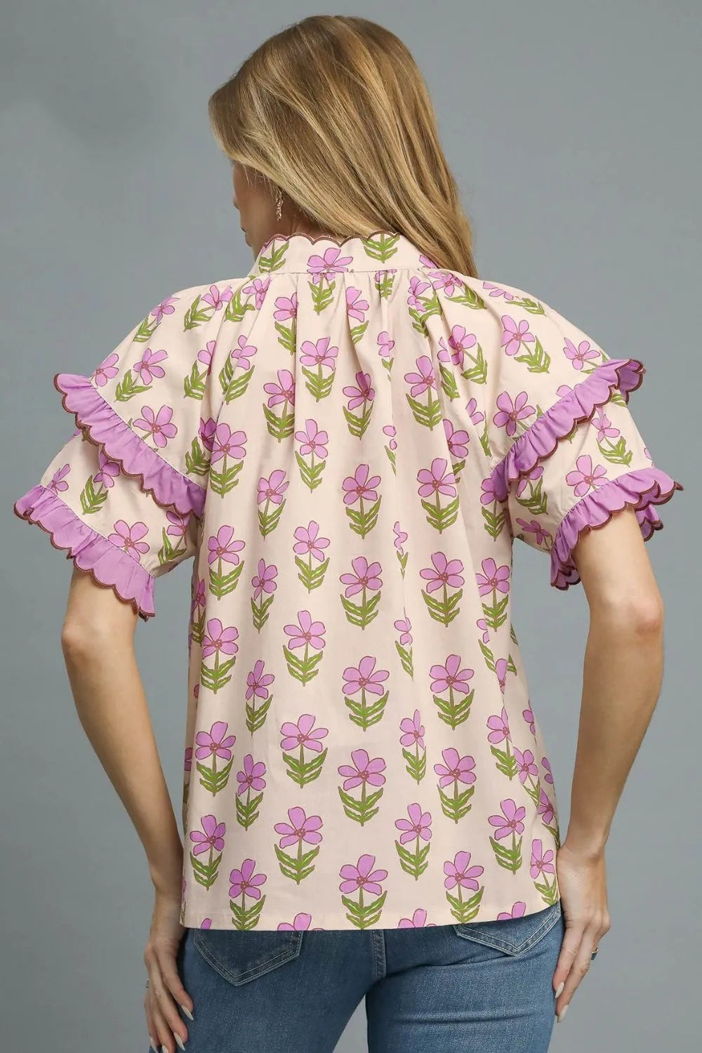 Umgee Floral Print Ruffle Short Sleeve Blouse OutfitFlow