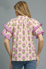 Umgee Floral Print Ruffle Short Sleeve Blouse OutfitFlow