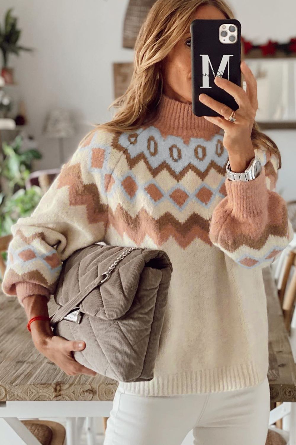 Outfit Flow - Geometric Mock Neck Long Sleeve Sweater