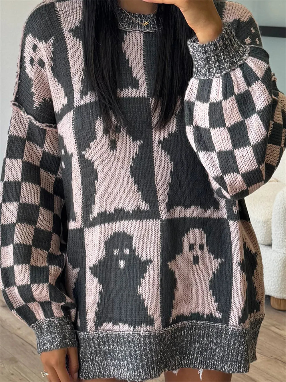 Ghost Dropped Shoulder Long Sleeve Sweater Dusty Pink OutfitFlow