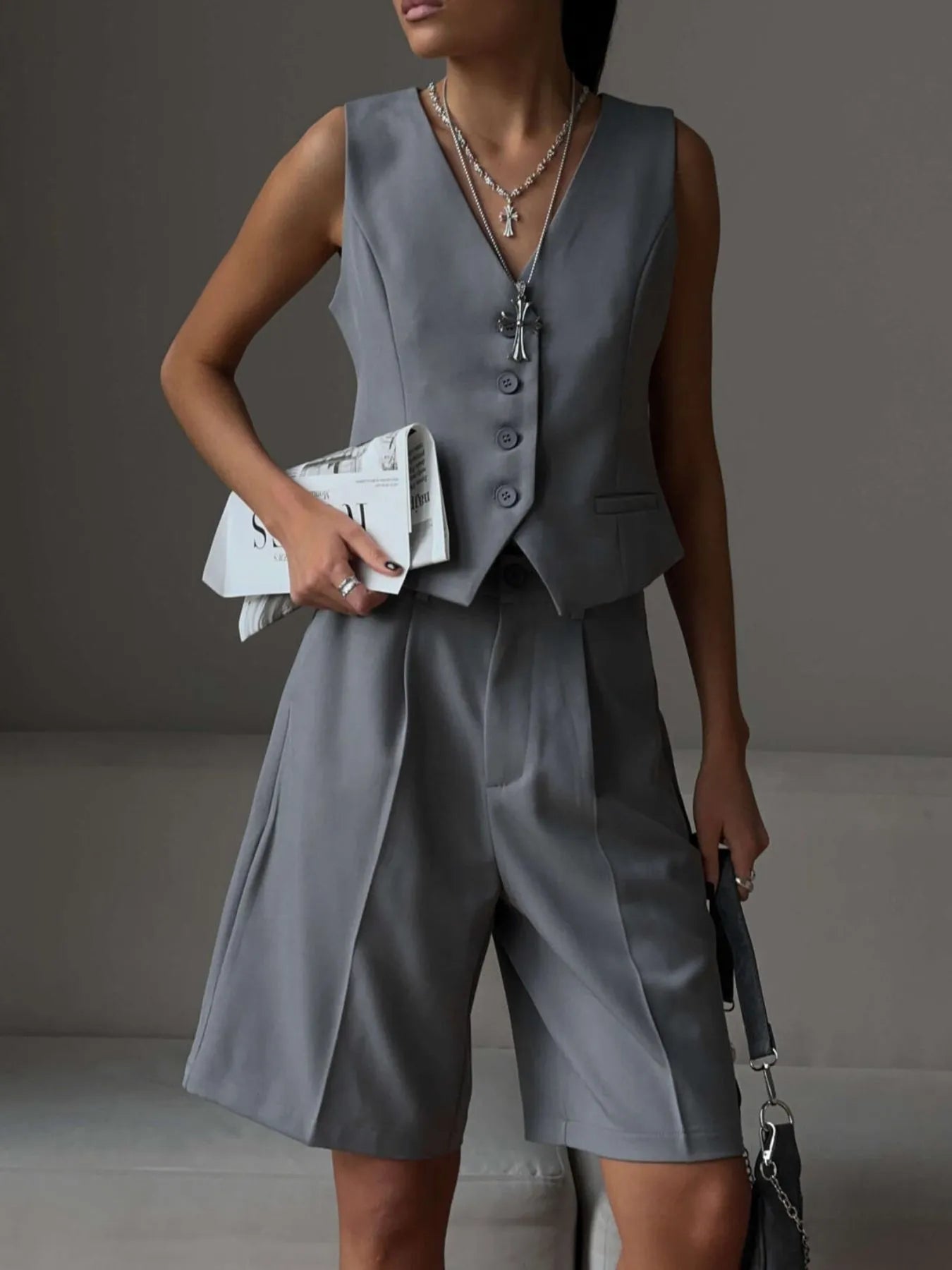 V-Neck Vest and Pants Two-Piece Blazer Set Gray OutfitFlow