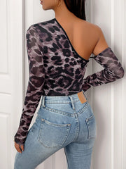 Leopard Print One Shoulder Long Sleeve Bodysuit OutfitFlow