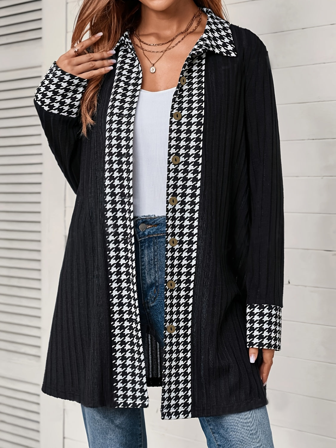 Outfit Flow - Houndstooth Button Up Long Sleeve Cardigan