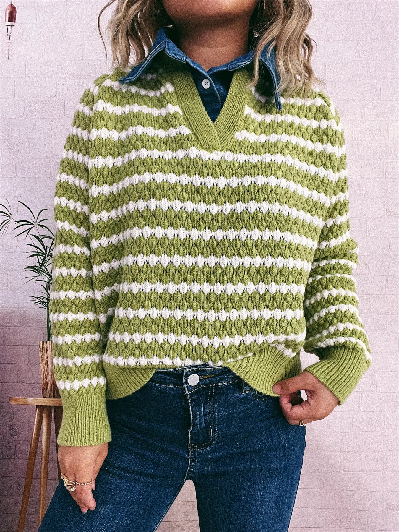 Contrast Striped Sweater with Denim Collar Green One Size OutfitFlow