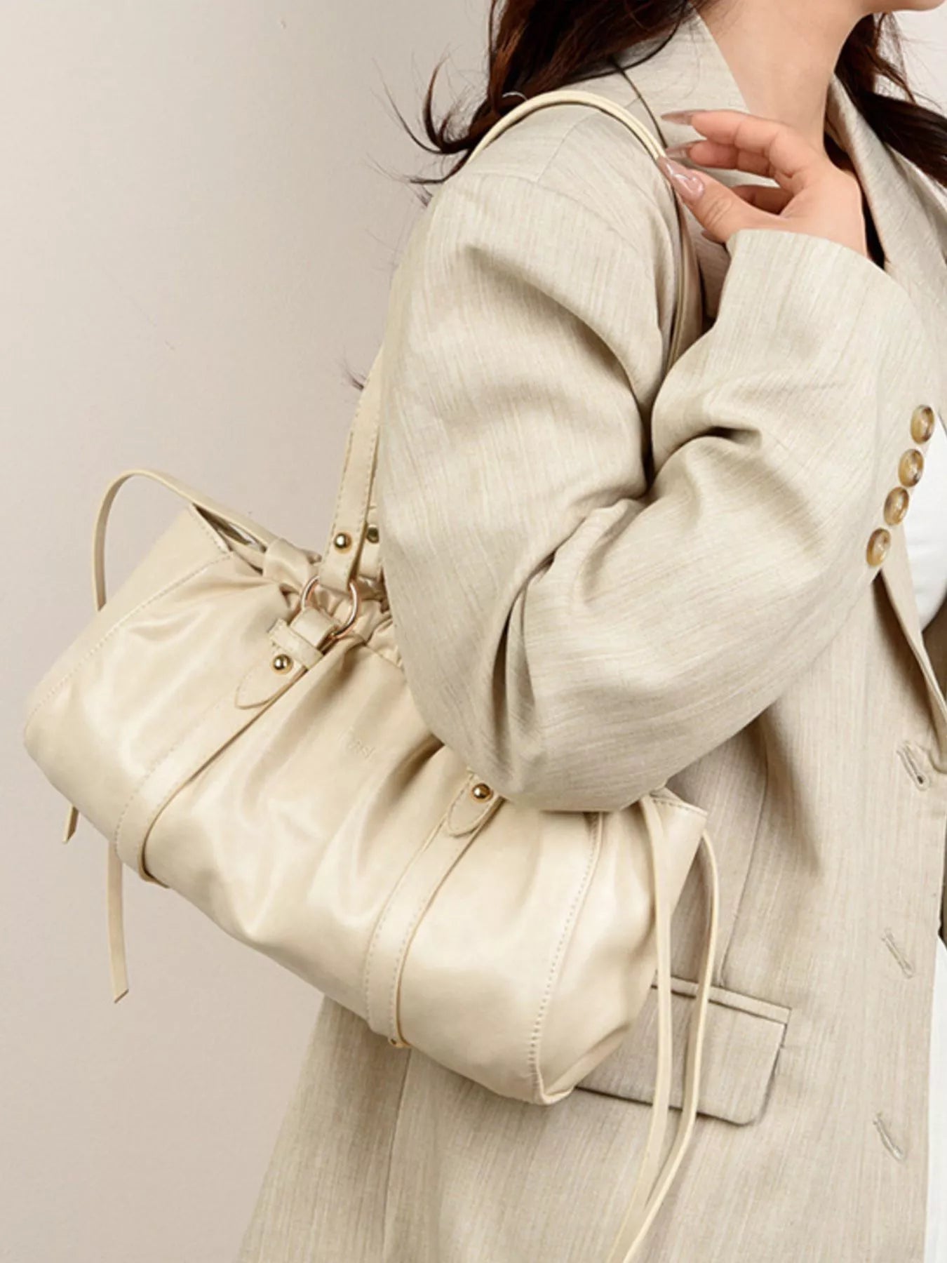 Ruched Leather Shoulder Bag OutfitFlow
