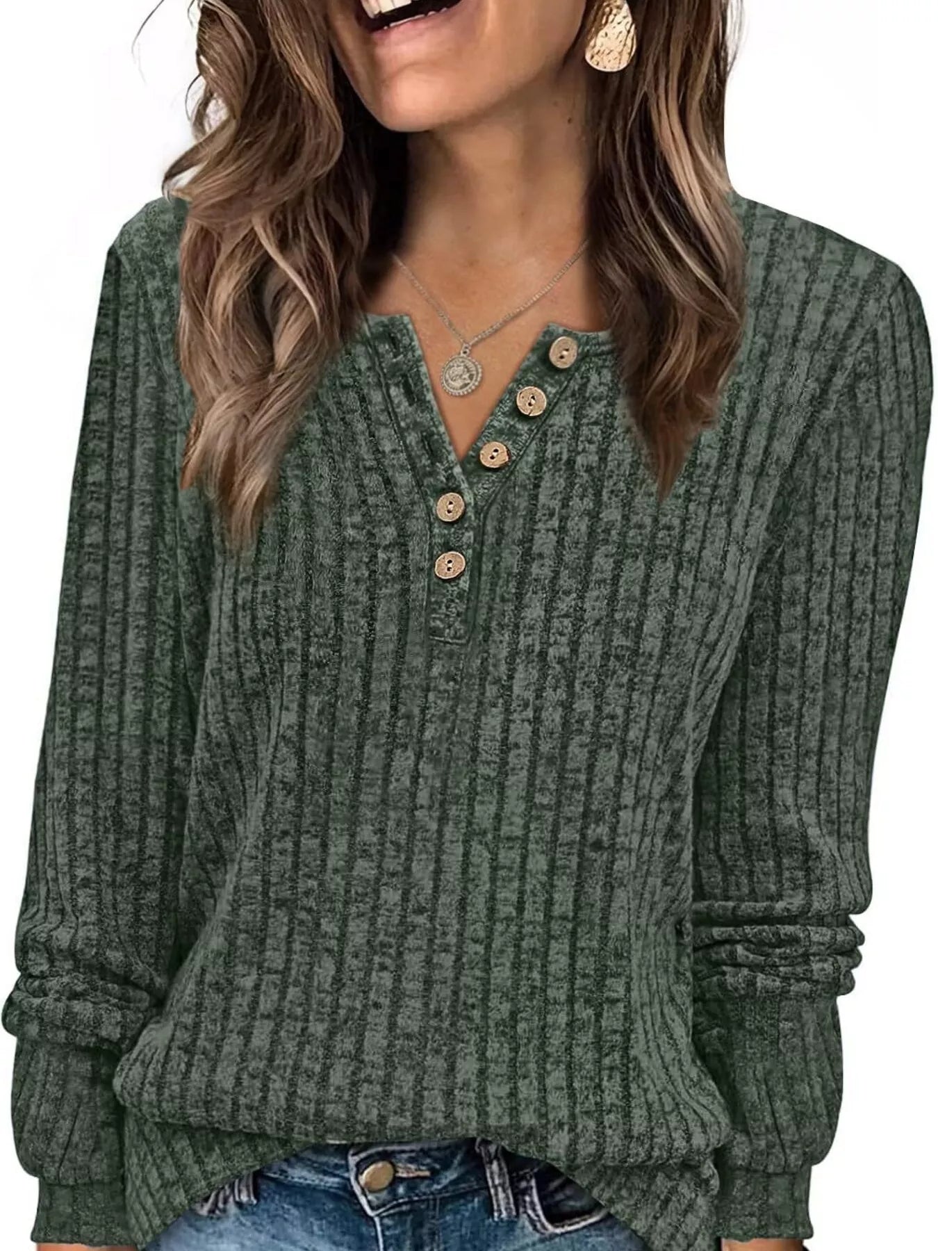 Ribbed Knit Button-Front Long Sleeve T-Shirt OutfitFlow
