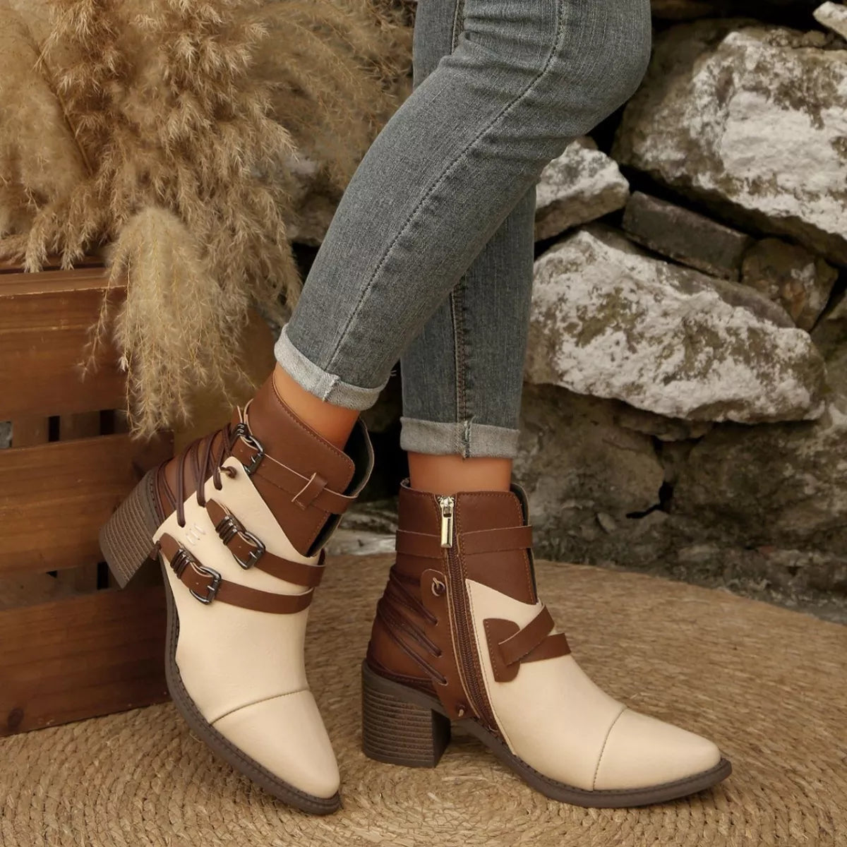 Point Toe Buckle Strap Ankle Boots with Block Heels Rice Brown Trendsi