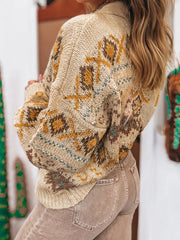 Western Pattern Knitted Button V Neck Cardigan Sweater OutfitFlow