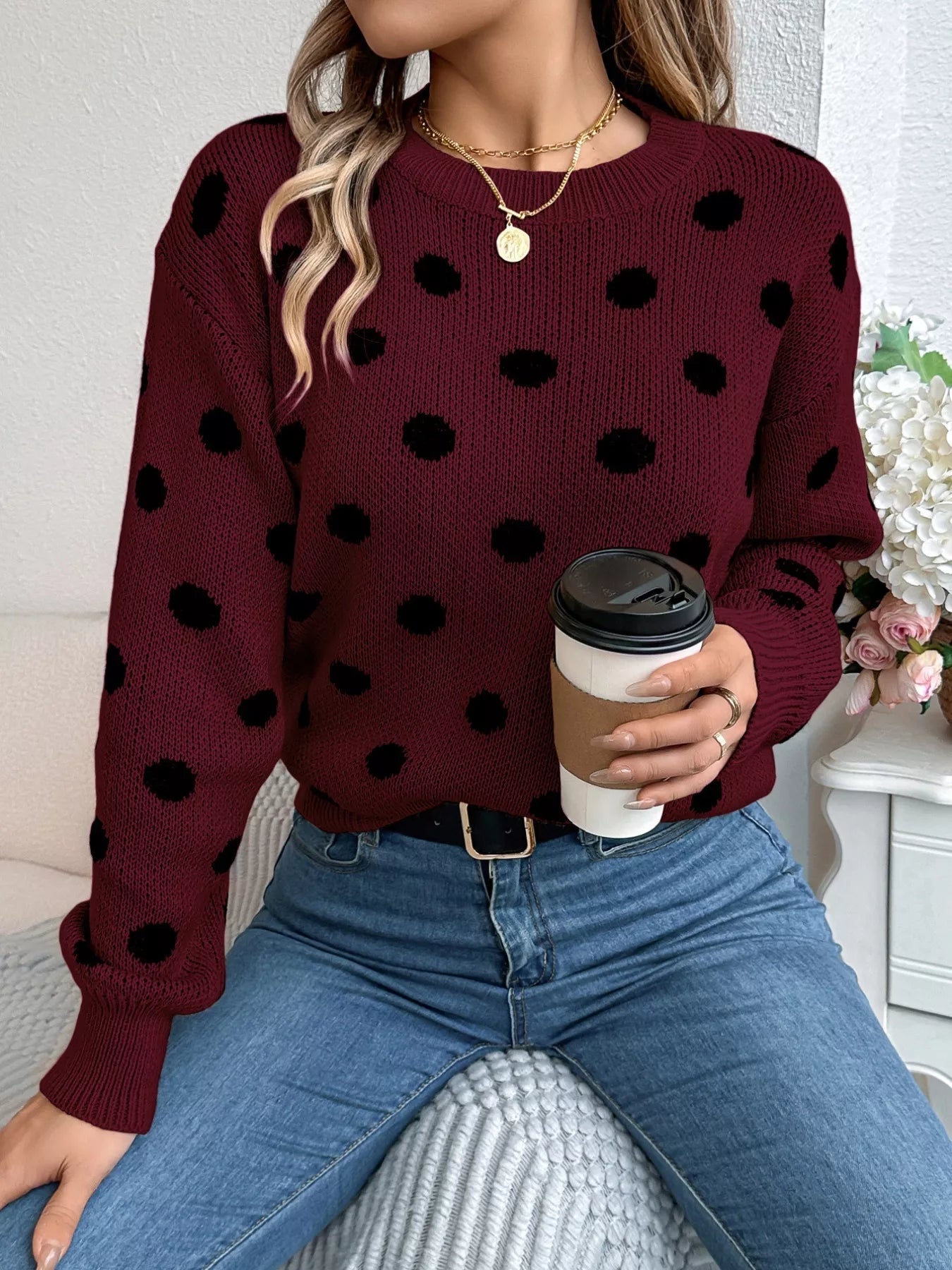 Polka Dot Round Neck Sweater OutfitFlow