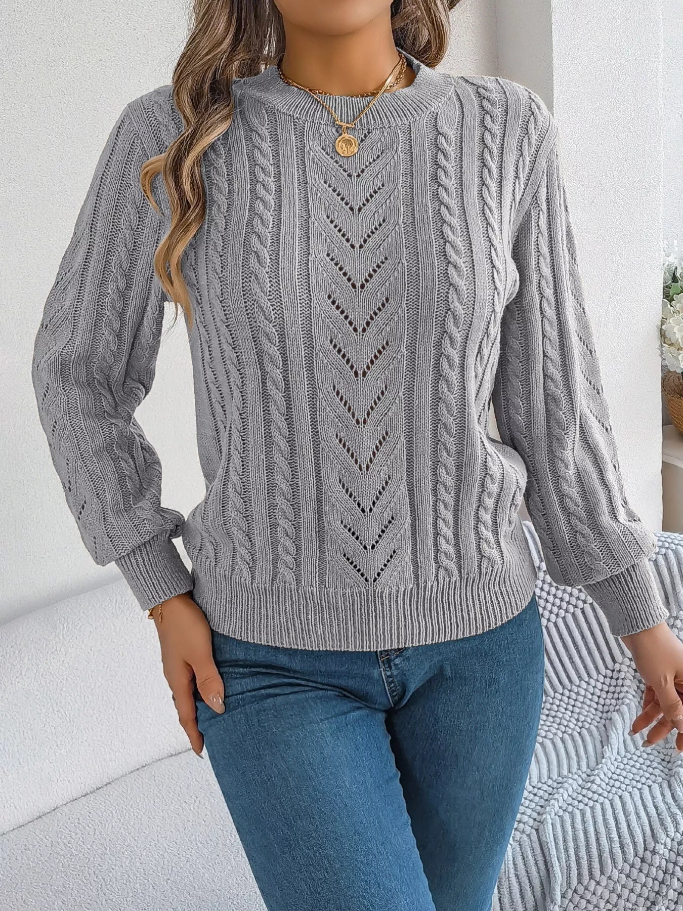 Cable-Knit Round Neck Sweater OutfitFlow