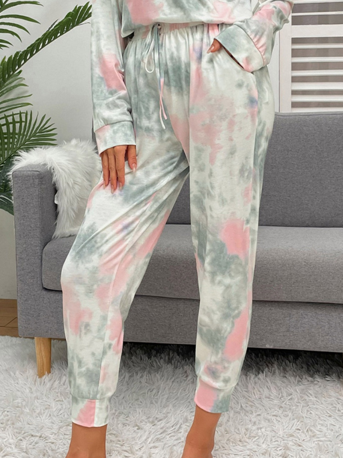 Outfit Flow - Shiny Tie-Dye Round Neck Top and Drawstring Pants Lounge Set