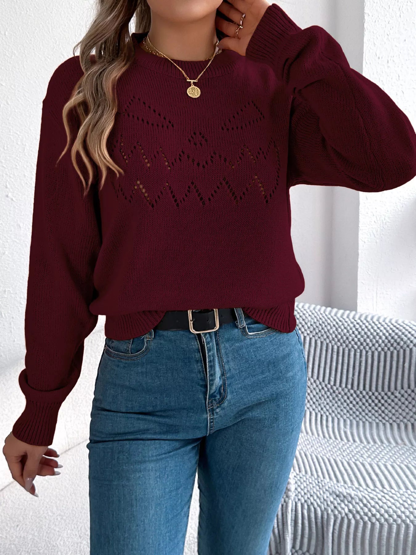 Openwork Round Neck Long Sleeve Sweater Burgundy OutfitFlow