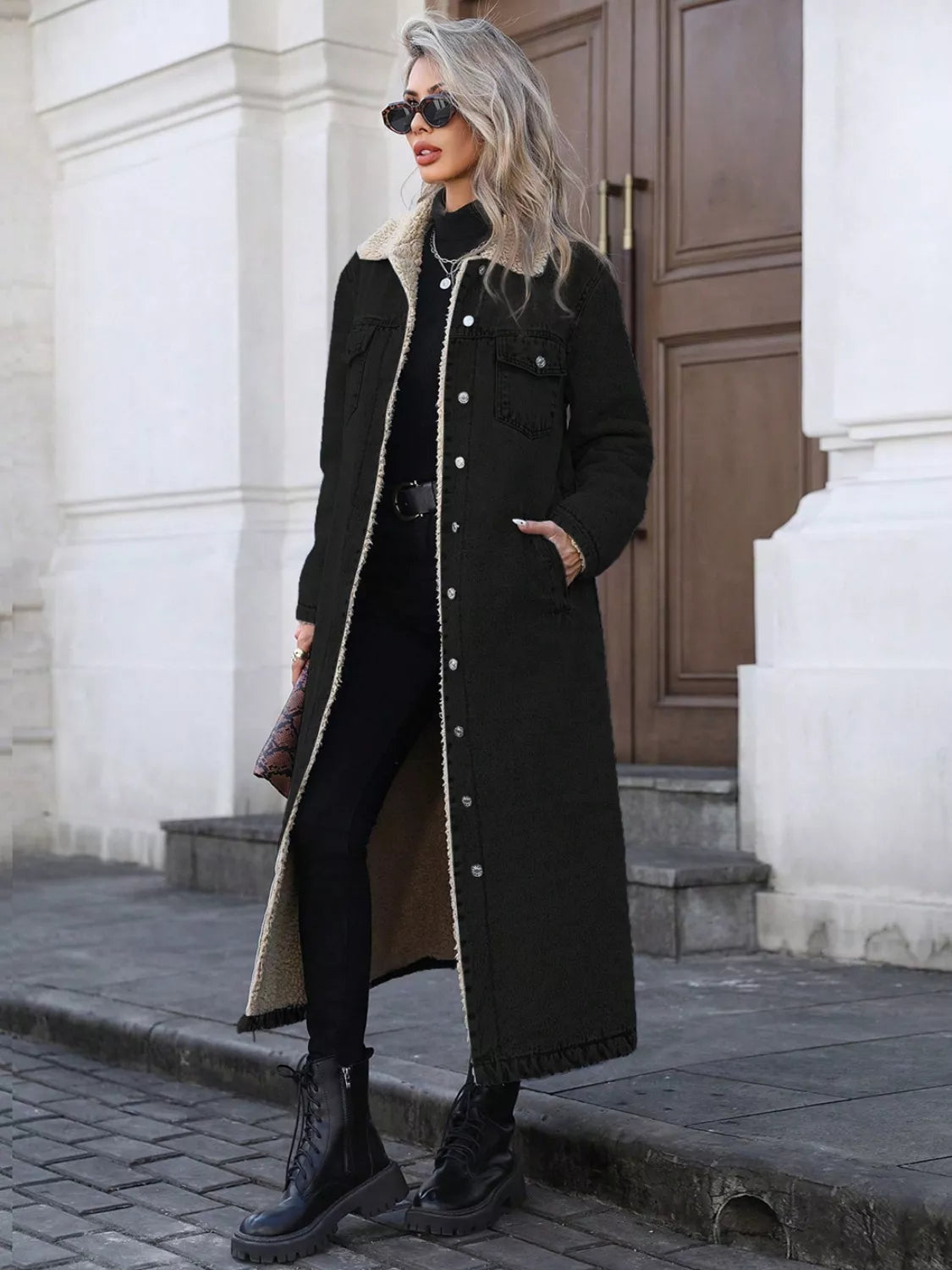 Sherpa Lined Longline Denim Jacket Black OutfitFlow