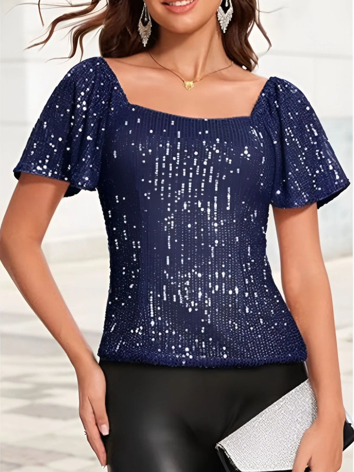 Square Neck Sequin Short Sleeve Blouse Navy Blue OutfitFlow