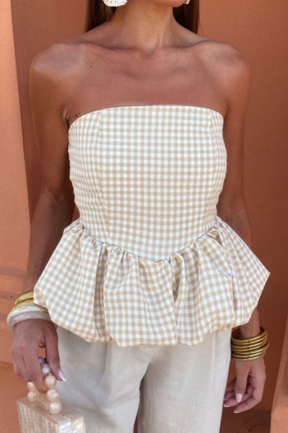 Smocked Back Bubble Hem Tube Top Tan OutfitFlow