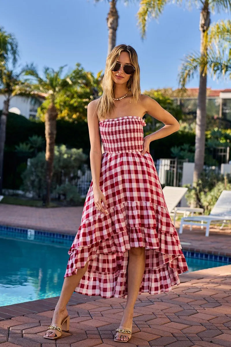 BiBi Smocked Body Off Shoulder Check Dress OutfitFlow
